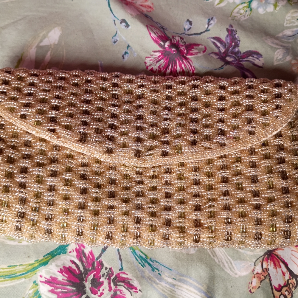 Peach Beaded Evening Clutch with Metallic Accents